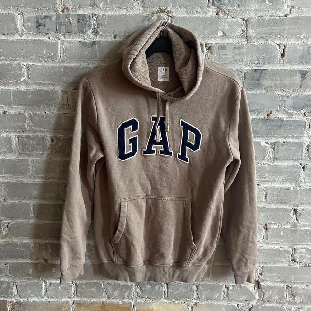 GAP Spellout Fleece Hoodie Taupe Brown Arch Logo Sweatshirt Size S